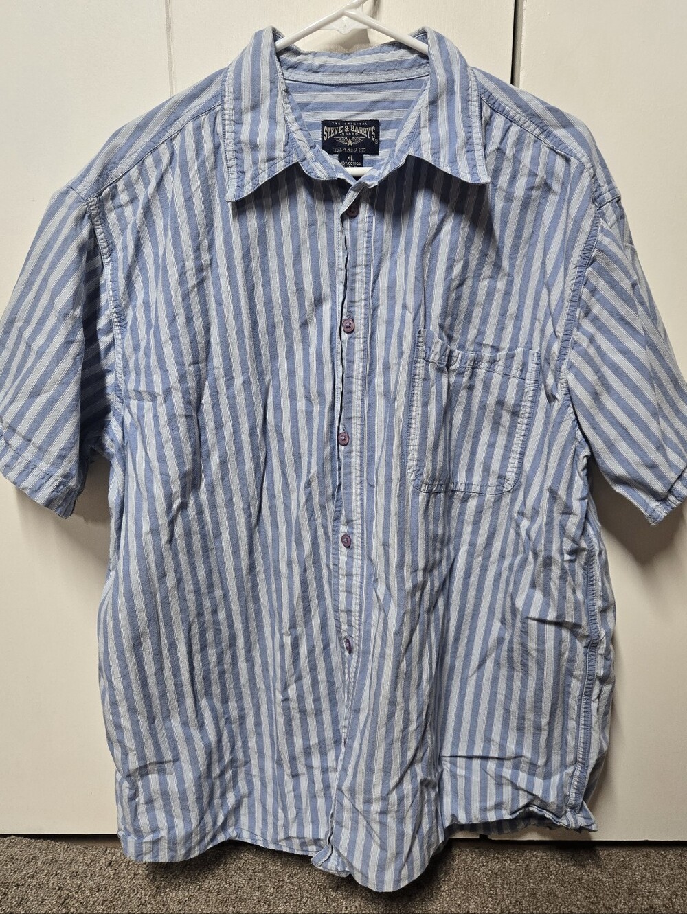 Steve & Barry's Light Blue and White Striped Short-Sleeve Button-Down Shirt- XL